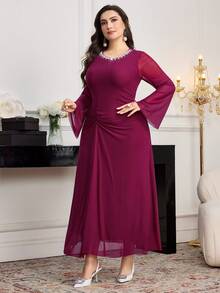 Modelyn 大码优雅仿珍珠串珠荷叶边喇叭袖连衣裙，秋季 - 紫色 - 查看 6