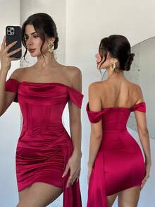 Firerie Women's Elegant Satin Off Shoulder Ruched Mini Dress,Burgundy Summer 70s Night Out Party,Vintage Pleated Draped Wedding Guest Dress,Y2K Outfit - Burgundy - View 11