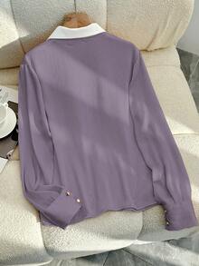 SHEIN LUNE 优雅合身前扣领长袖金扣流星面料粉色女式衬衫，春秋 - 淺灰紫 - 查看 2