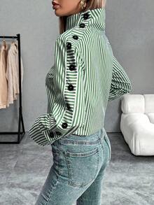 EMERY ROSE Camisa azul de manga larga, cuello vuelto, de un solo pecho, de estilo casual a rayas - Verde - Ver 2