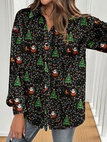 SHEIN Frenchy 女士灯笼袖衬衫，印有圣诞树和圣诞老人图案，适合秋冬季节、居家穿着、外出、通勤等场合，时尚百搭。 - 彩色 - 查看 5