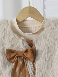 SHEIN Sparklyn 3件套儿童休闲复古时尚毛绒背心（带蝴蝶结）、配套长袖上衣和PU百褶裙（适合8-12岁儿童）