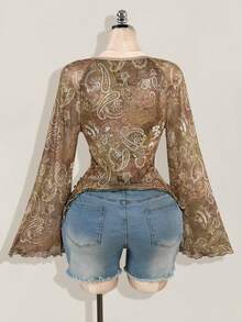 SHEIN ICON 女式波西米亚节日佩斯利印花 T 恤，不对称下摆，喇叭袖，复古 Y2k，秋季 - 棕色 - 查看 2