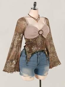 SHEIN ICON 女式波西米亚节日佩斯利印花 T 恤，不对称下摆，喇叭袖，复古 Y2k，秋季 - 棕色 - 查看 3