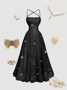 SHEIN MOD Lace-Up Backless Sequin Midi Dress - Black - View 3