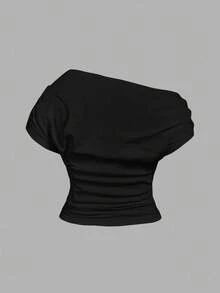 SHEIN MOD 大码女式针织提花黑白条纹斜肩上衣，黑白条纹，罗纹针织，腰部和袖子侧边均有褶皱，休闲简约，女式上衣 - 黑色 - 查看 3