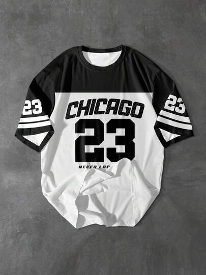 Aesthetic Post Camiseta casual de hombre con estampado numérico de bloques de color, verano