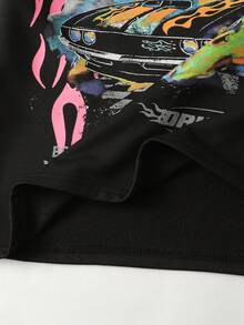 ROMWE MEN Street Life 男士印花长袖T恤，宽松短款 - 黑色 - 查看 4