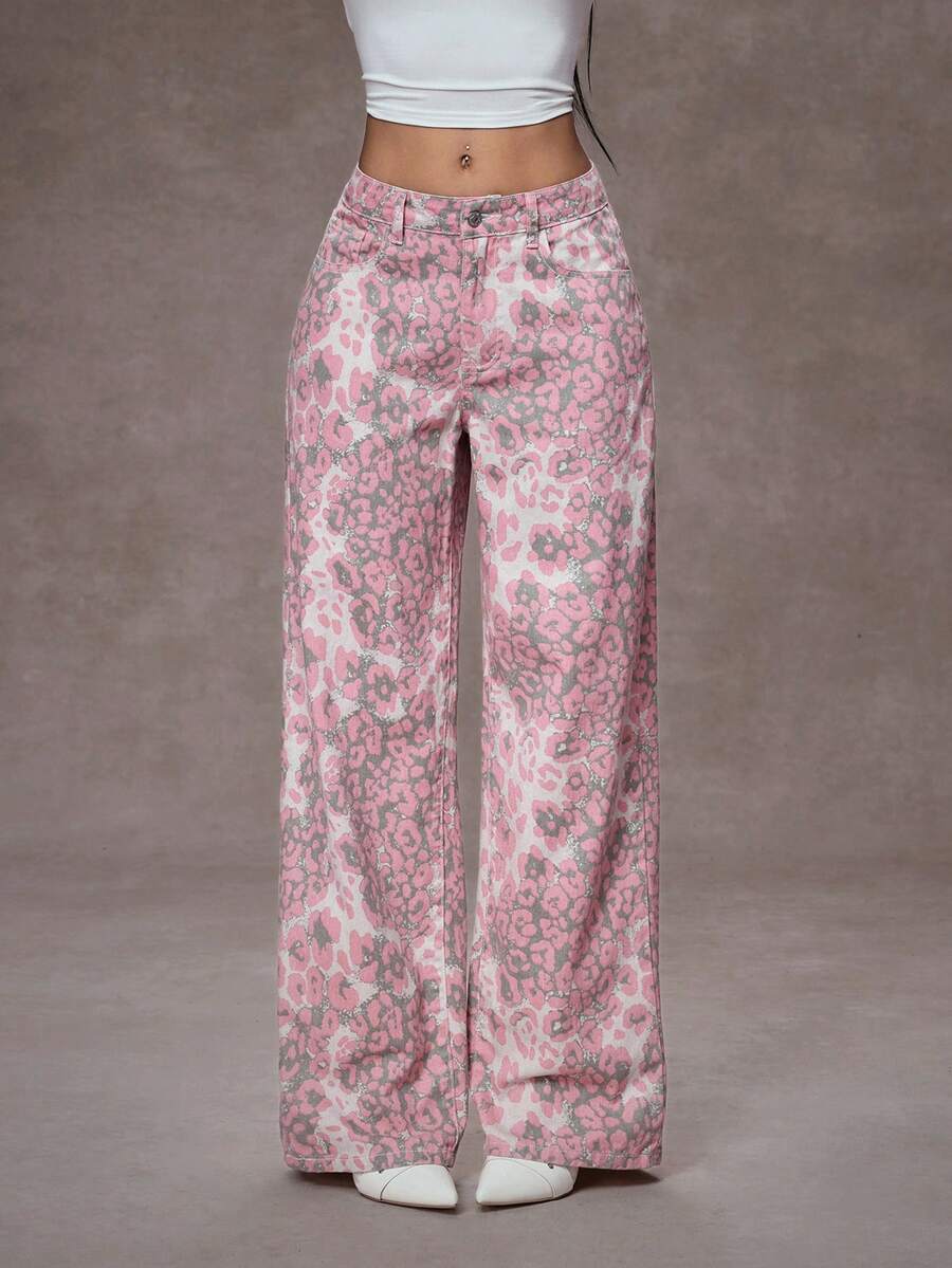 SHEIN Tall Women's Mid-Rise Leopard Print Pocket Washed Straight Leg Jeans - Multicolor - View 1