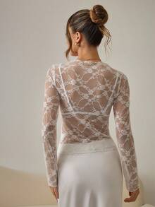 HautHeat Women's Floral Lace Mesh Long Sleeve Sexy Sleepwear Top