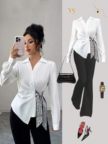 Selianne 女士佩斯利花纹侧结长袖不对称衬衫 - 白色 - 查看 1