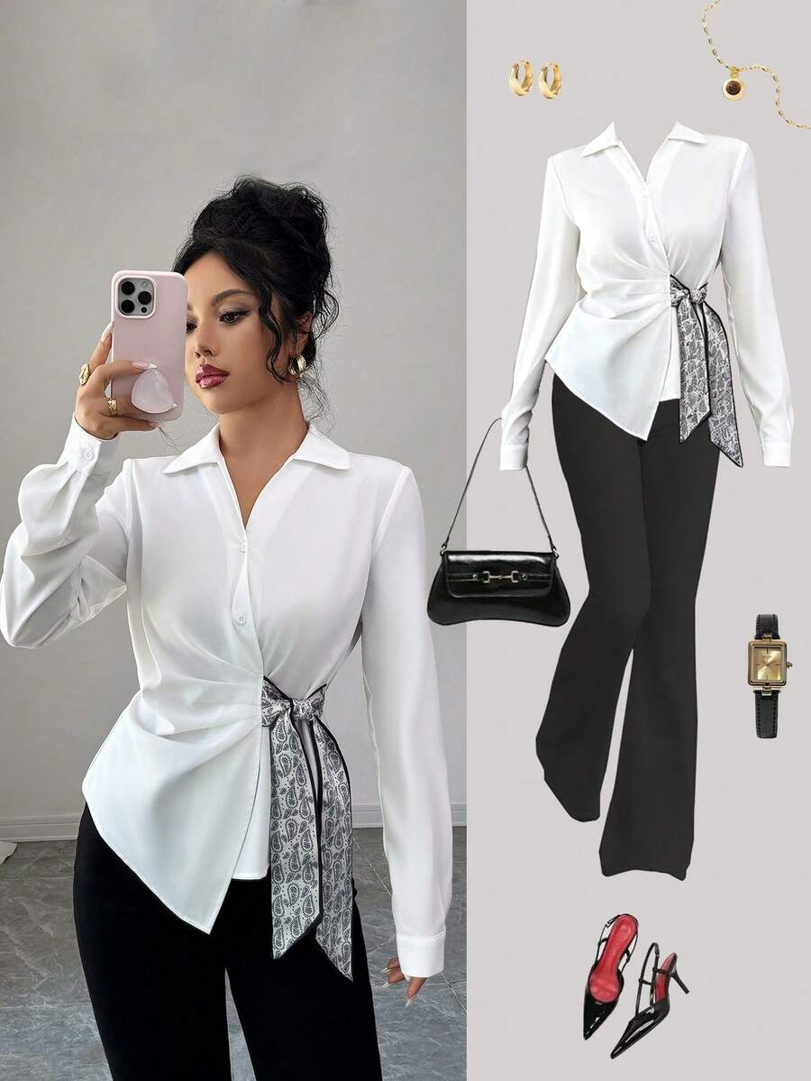 Selianne 女士佩斯利花纹侧结长袖不对称衬衫 - 白色 - 查看 1