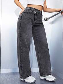 SHEIN ICON 大码女式时尚休闲不对称腰部水洗长裤 - 深灰色 - 查看 5