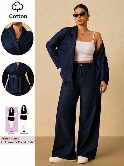 SHEIN PETITE CURVE Plus Size Casual Long Sleeve Top And Wide Leg Jeans 2 Pieces Set