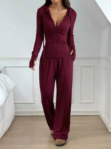 SHEIN EZwear 女士休闲酒红色拉链长袖上衣和裤子两件套，冬季女士两件套服装，圣诞节两件套套装 - 酒紅色 - 查看 3