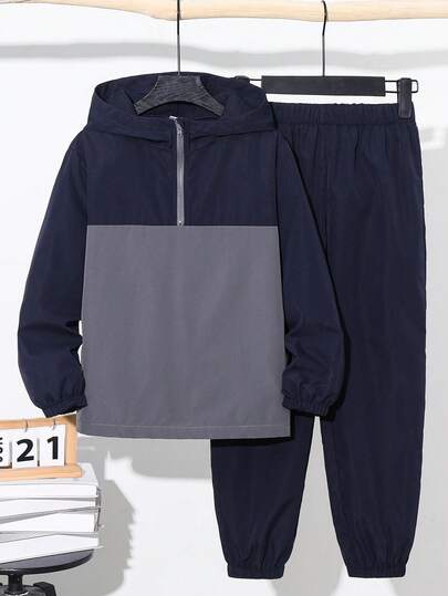 SHEIN 2pcs Tween Boy Half-Zip Hoodie Jacket And Jogger Pants Set, Casual Sports Style Suitable For Autumn/Winter, Christmas, Thanksgiving