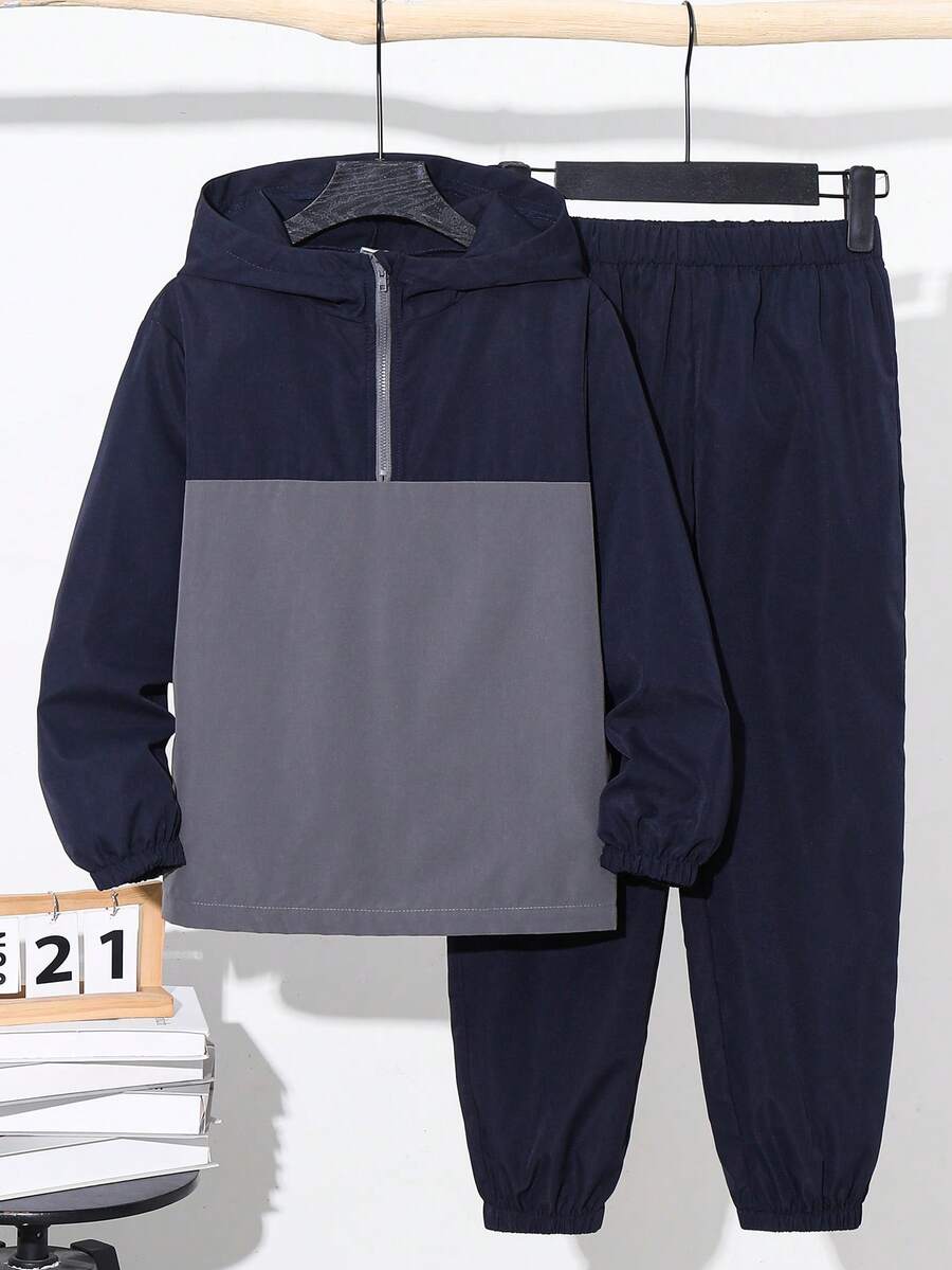SHEIN Setelan 2 potong untuk anak laki-laki usia remaja, terdiri dari jaket hoodie setengah resleting dan celana jogger, gaya olahraga kasual, cocok untuk musim gugur/musim dingin, Natal, dan Thanksgiving. - Grey - View 1