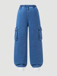 SHEIN Quần yếm jeans cho bé gái tuổi teen, phong cách Y2K, chất liệu denim thoải mái, màu xanh nhạt cổ điển, hàng mới về, phù hợp cho mọi mùa, ống quần thẳng, đa năng, đơn giản và dễ phối đồ, thoải mái khi mặc. - Rửa nhẹ - Xem 2