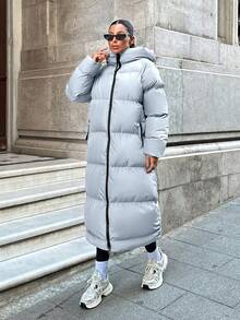 EURMUSE Contrast Zip And Puller Detailed, Keep Warming Feature Long Line Puffer Winter Coat - Baby Blue - View 3