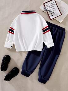 SHEIN Casuvi Kid Boys 2-Piece Set, Polo Collar Long Sleeve Outfit, Sports Casual, Striped & Solid Color Print, Regular Thickness Pants, Suitable For Everyday Casual, Vacation, Back To School Wear, Fall - Navy Blue - View 2