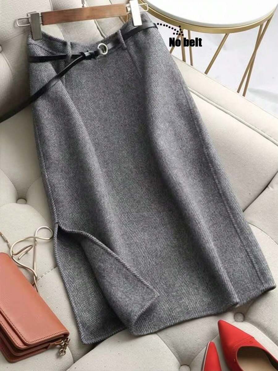 Franclia 女士秋冬轻盈成熟风通勤简约百搭人字纹加厚灰色羊毛宽松遮臀高端显瘦高腰开衩加厚中长裙，适合秋冬季新年感恩节派对婚礼等场合。 - 灰色 - 查看 1