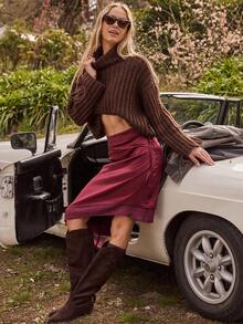 Aralina 女士圣诞感恩节派对酒红色休闲Y2K秋冬缎面层叠下摆中长裙，侧边系带设计，完美适合教师节、乡村音乐会、秋冬季节等场合。 - 紫色 - 查看 4