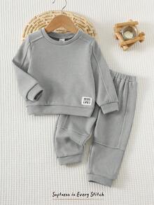 Cozy Pixies 两件套婴儿男女童柔软针织圆领长袖卫衣搭配弹力腰带运动裤，舒适百搭休闲基础款，适合室内、室外、日常穿着、运动、玩耍、派对、节日、万圣节、圣诞节、新年、秋冬季等场合。 - 淺灰色 - 查看 3