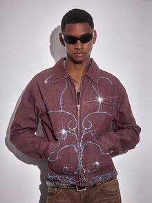 ROMWE MEN Street Life Men's Turquoise Collar Long Sleeve Pockets Zipper Front Casual Denim Jacket - Brown - View 6