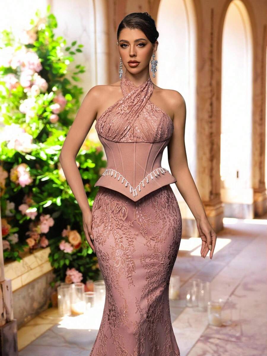 Glamrae Đầm đuôi cá sang trọng, thanh lịch với chất liệu ren và hạt cườm, thiết kế phối ghép, chất liệu co giãn, hở lưng gợi cảm, phù hợp cho đám cưới, tiệc tùng, lễ hội, dạ hội, tiệc tối, ngày Valentine.