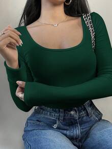 SHEIN BASICS 女士休闲纯色针织圆领长袖修身T恤，升级保暖面料，保暖内衬轻薄不臃肿，秋冬季修身弹力打底衫T恤 - 墨綠色 - 查看 5