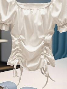 GlowEve New Popular Exquisite Pit Stripe Square Collar Puff Sleeve Pleated Slimming Women's T-Shirt,Summer