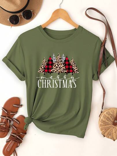 SHEIN LUNE Damen Weihnachtsbaum Muster Kurzarm T-Shirt Grafik Oberteile