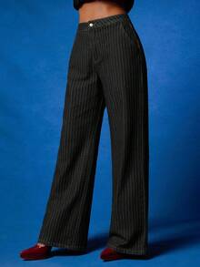 NYA SZN Petra Denim Pant High Rise Pinstripe Stripe Straight Leg Fitted For Women - Black - View 3