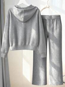 Regalyn Plus Size Women's Hot Selling Solid Color Long Sleeve Ribbed Fleece Hooded Zip-Up Cardigan + Loose Ribbed Fleece Drawstring Waist Pants, Casual Outgoing Elegant Style With Embroidered Chest, 2 Pieces Set