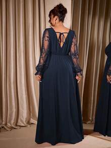 Cravure Plus Size Women's Elegant Deep V-Neck Lace Patchwork Long Sleeve High Slit Maxi Dress, Suitable For Graduation, Holidays, Valentine's Day, Christmas, Music Festivals, Mother's Day, Halloween, Thanksgiving, Easter, National Day, Balls, Dates, Parties, Weddings, Outdoor Trips, Etc. - Navy Blue - View 3