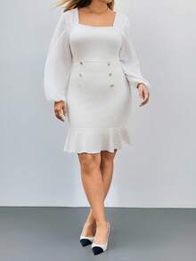 SHEIN Privé Plus Size Women's Solid Color Square Neck Lantern Sleeve Button Design Ruffle Hem Elegant Dress - White - View 4