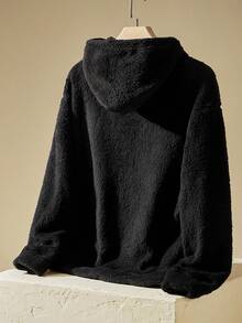 Manfinity VCAY Men Drop Shoulder Teddy Drawstring Hoodie, For Fall Winter, Couple Things, Long Sleeve Top - Black - View 2