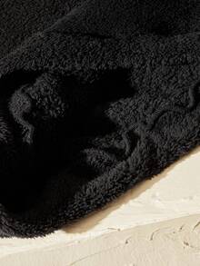 Manfinity VCAY Men Drop Shoulder Teddy Drawstring Hoodie, For Fall Winter, Couple Things, Long Sleeve Top - Black - View 5