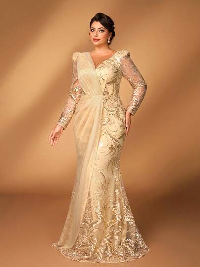 Serin Plus-Size Autumn/Winter Elegant, Glamorous, And Luxurious Champagne-Colored Sequined Embroidery Patchwork Diamond Hemline Round Neck Mermaid Hem Dress, Suitable For Dinner Parties Dances Weddings And Music Festivals Mother Of The Bride Dress Guest Dress, Valentine's Day