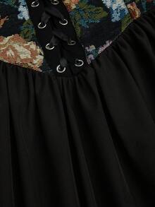 Sweetra 休闲优雅复古甜美宫廷风提花不规则下摆泡泡袖心形领A字中长连衣裙，大码女装 - 黑色 - 查看 5