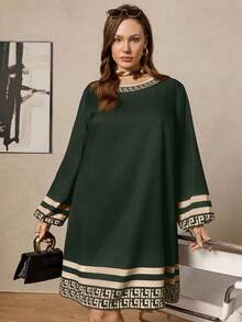 Zelara 大码条纹几何图案圆领长袖连衣裙 - 軍綠色 - 查看 6