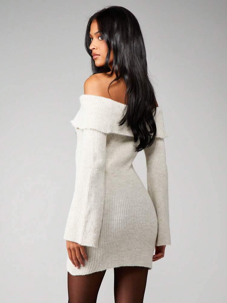 MISSGUIDED Off Shoulder Ribbed Knit Sweater Dress Long Sleeve Mini Bodycon Winter Fall Comfortable Casual