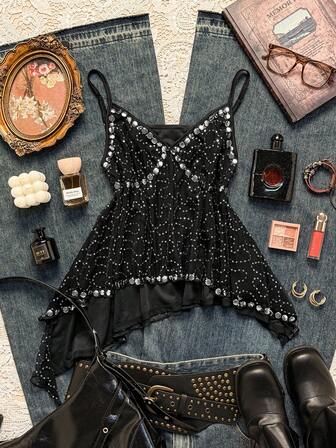 Easelle Women's Black Mesh Polka Dot Camisole Top With Heat-Pressed Front, Black Sequined Top, Mesh Autumn/Winter Inner Layer, 2025.
