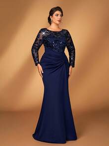 Serin Váy dài tay cổ tròn thêu kim sa màu tím sang trọng cỡ lớn, thanh lịch, lãng mạn, sang trọng, viền chữ A xếp nếp không đều, thích hợp cho tiệc tối, hẹn hò, dạ hội, kỳ nghỉ, đám cưới, váy cưới cho mẹ cô dâu - Màu xanh hải quân - Xem 6