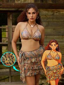 SHEIN Swim Curve Große Größen 3 Stücke Badeanzug Set, Spezialstoff Dreieck Top, mehrlagiger Rüschen Rock, sexy & süßer Damen Badeanzug - Verschiedenfarbig - Übersicht 1