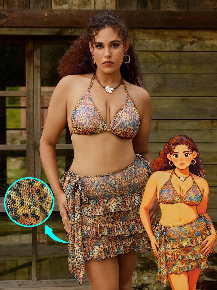 SHEIN Swim Curve Große Größen 3 Stücke Badeanzug Set, Spezialstoff Dreieck Top, mehrlagiger Rüschen Rock, sexy & süßer Damen Badeanzug - Verschiedenfarbig - Übersicht 1