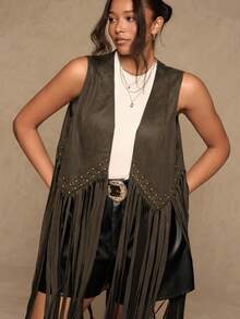 SHEIN VCAY 大码波西米亚西部风无袖流苏铆钉背心外套（女款） - 軍綠色 - 查看 1