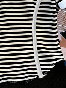 Resyla Women's Fashion Casual Striped Print Collared V-Neck Short Sleeve T-Shirt - Black and White - View 6