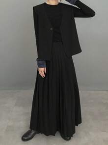 FRIFUL 女式深灰色纯色无袖上衣和百褶裙两件套，秋季 - 黑色 - 查看 2