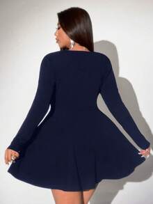 Viva Relle Plus Size Women's Sexy Deep V-Neck Hollow Out Loose A-Line Long Sleeve Solid Color Fashionable Versatile Mini Dress - Navy Blue - View 7